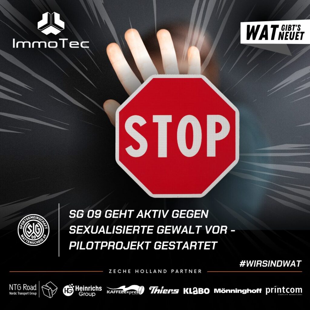 STOP - Schild vor einer Hand. SG 09 aktiv gegen sexualisierte Gewalt.